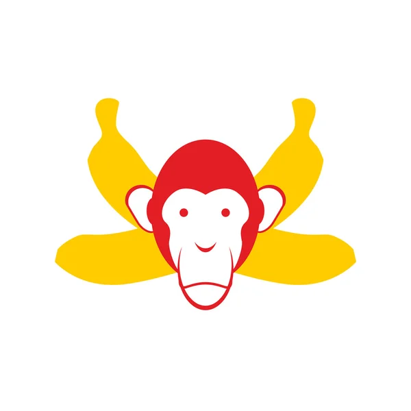 Обезьяны и бананы. Голова шимпанзе и скрещенные бананы. Красный Мон — стоковый вектор