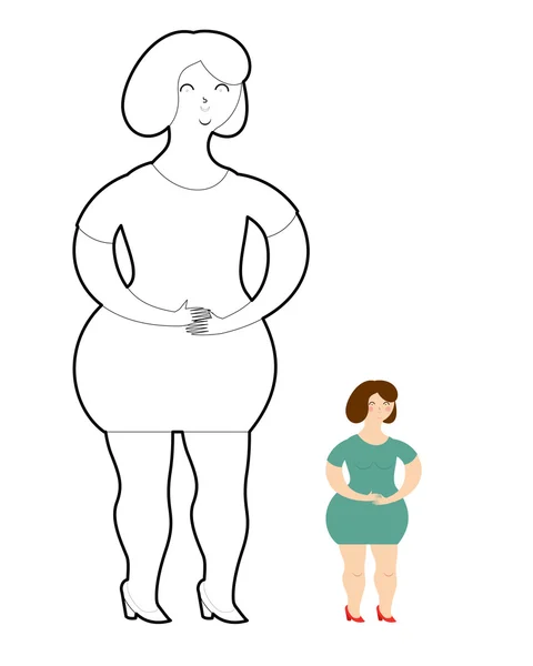 女の子塗り絵。緑のドレスで太った女性. — ストックベクタ
