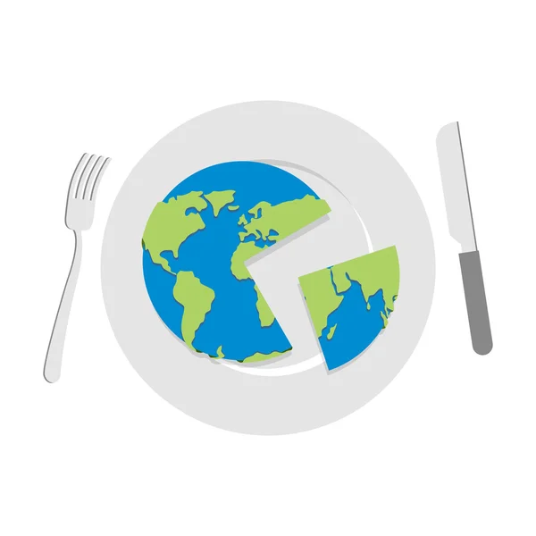 Terre sur assiette. Globe coupé avec un couteau. Couverts : couteau et fourchette . — Image vectorielle