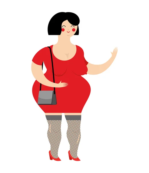 Funny fat prostitute in red dress. Slut with bag on white backgr — Stock Vector