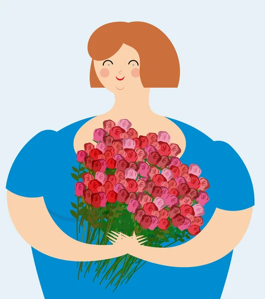 Mulher gentil alegre com buquê de rosas. Menina gorda emocionante sagacidade — Vetor de Stock