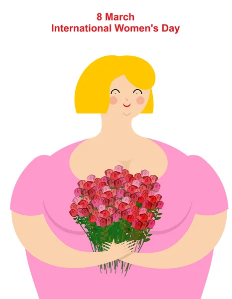 3 月 8 日。花を持つ少女。メリーの幸せな女性と ros の花束 — ストックベクタ