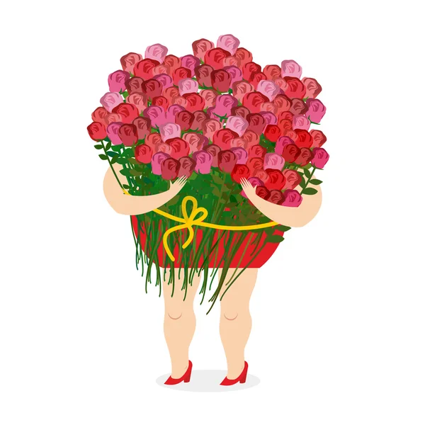 Vrouw met grote boeket rozen. Meisje en een heleboel kleur. Co — Stockvector