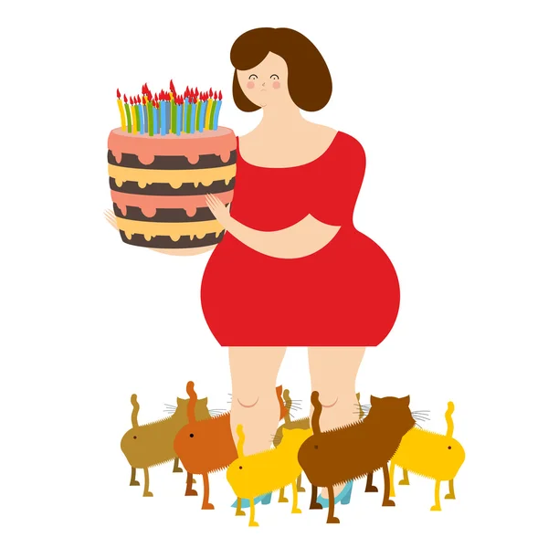 ผู้หญิงเศร้าของเค้กสี่สิบและวันเกิด ผู้หญิงเหงาอ้วน เฉพาะแมว — ภาพเวกเตอร์สต็อก