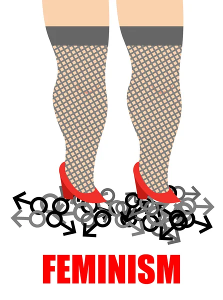 Feminisme. Womens voeten vertrappen mannen teken. Illustratie voor vrouwen — Stockvector