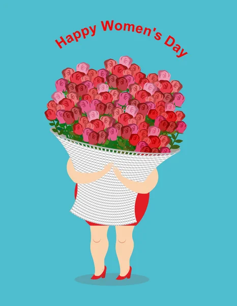 Щасливий жіночий день. Дівчина тримає великий кошик з квітами. Багато з F — стоковий вектор