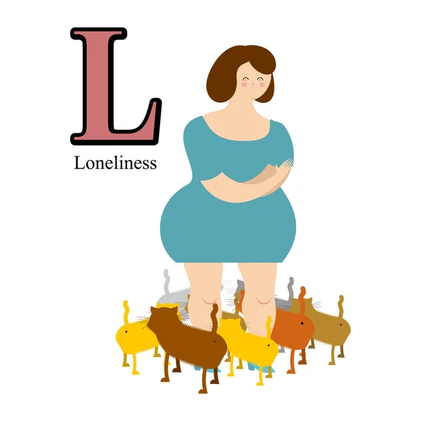 L Buchstabe des Alphabets. Einsamkeit. traurige Frau und viele Katzen. traurig — Stockvektor