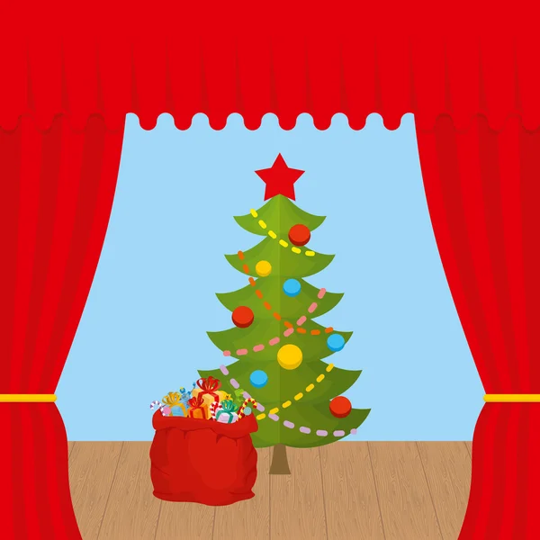 Weihnachtsszene und roter Vorhang. Urlaubsszene. Weihnachtsbaum ein — Stockvektor