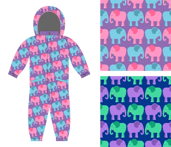 Childrens winter overalls. Fabric seamless pattern cute elephant — ストックベクタ