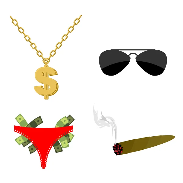 Pimps set Accessory. Dollar sign on chain. Panties strippers and — Stockvector