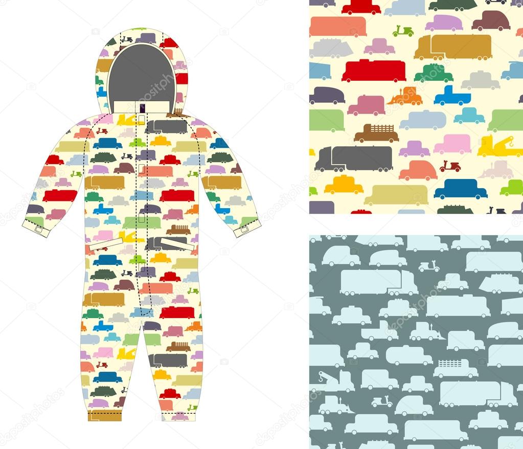 Clothes for children. Kids overalls. Texture of toy transport. S