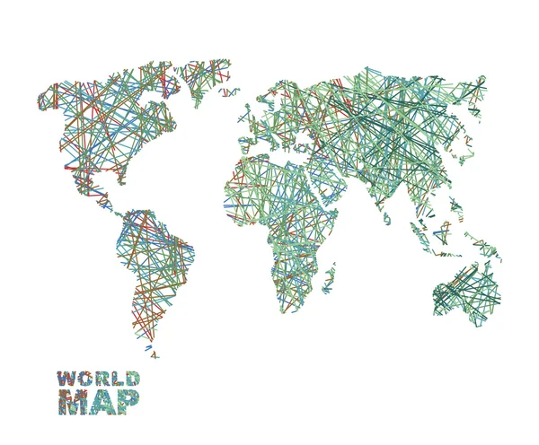 Weltkarte farbige Linien. Globales Internetnetzwerk verbindet die Materie — Stockvektor