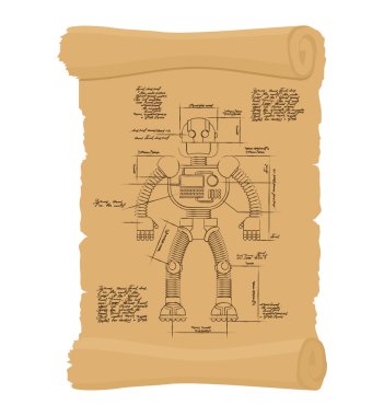Robot antik kaydırma çizim. Teknolojik mach Retro düzeni