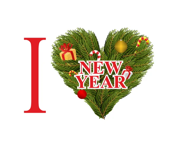 Adoro o Ano Novo. Coração de símbolo de ramos de FIR e decorações. M — Vetor de Stock