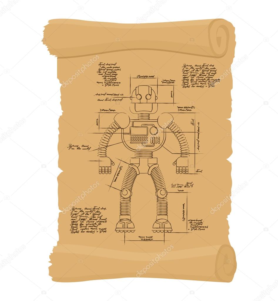 Drawing Robot Ancient scroll. Retro scheme of Technological mach