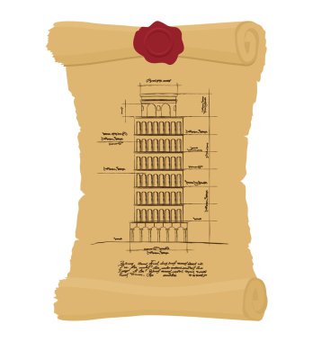 Pisa Kulesi eski kaydırma. Yaslanmış düzeninin antik çizimi 