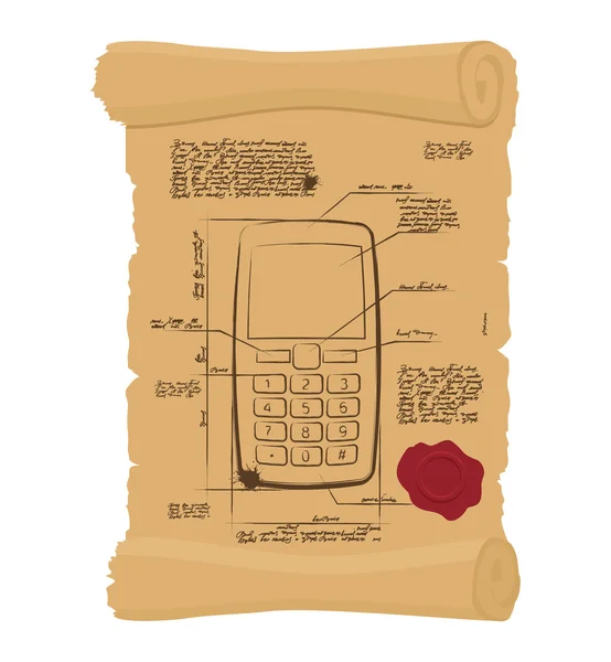 Cellulare con bottoni sul vecchio rotolo. Progetto di carta di antica — Vettoriale Stock