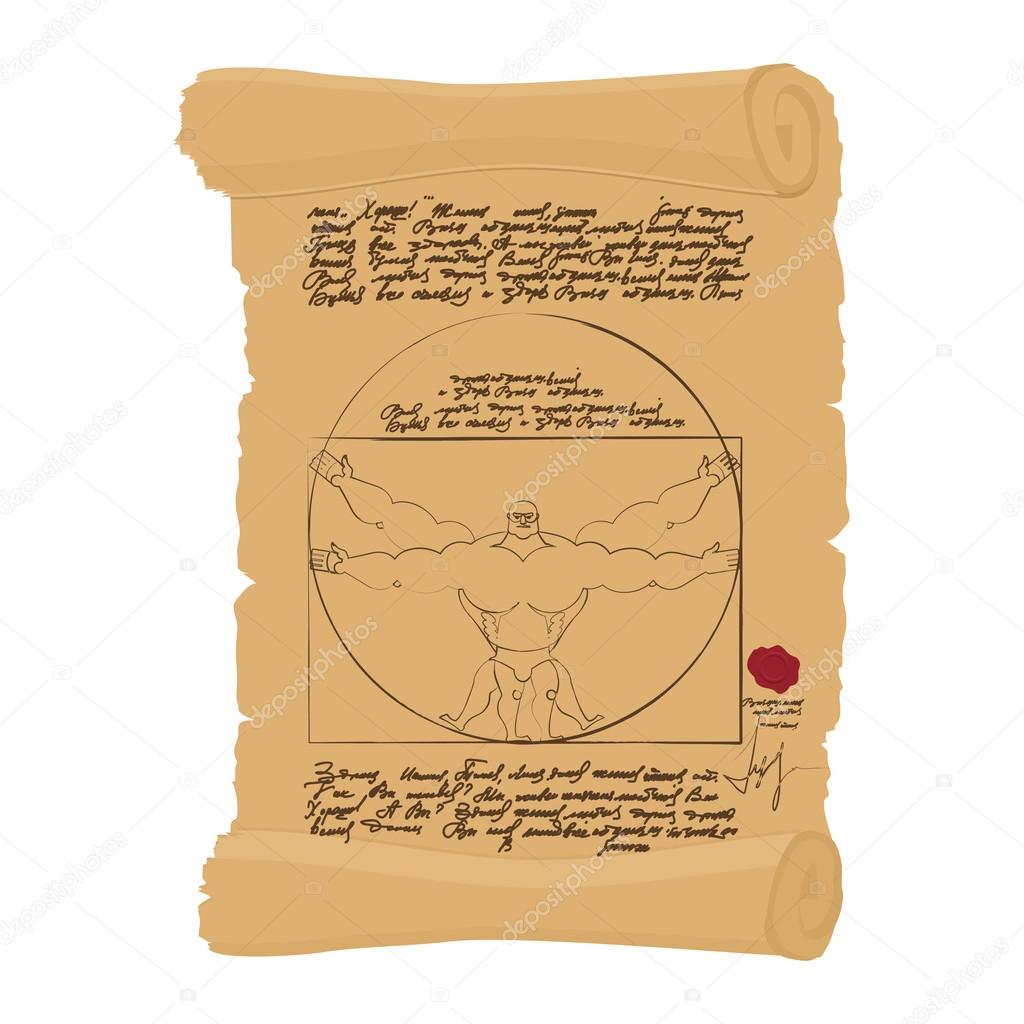  Vitruvian man of Leonardo Da Vinci humorous illustration. Spots