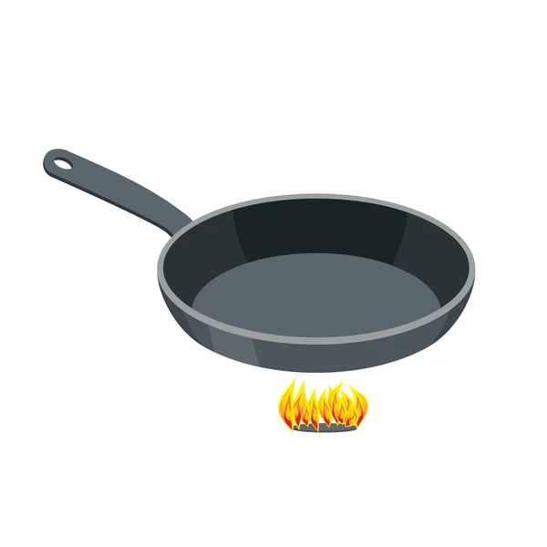 Pan sobre fondo blanco. Sartén de hierro vacía a fuego alto. Kit — Vector de stock