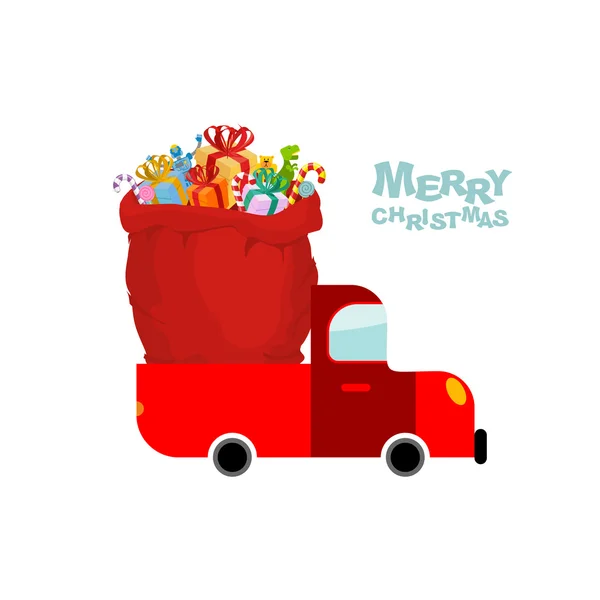 Merry Christmas. Machine carries bag of gifts. Car and Red sack — Wektor stockowy