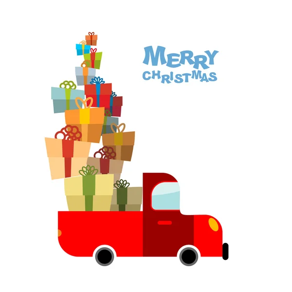 Merry Christmas. Car and lots of gift box. Truck  bunch of holid — Wektor stockowy