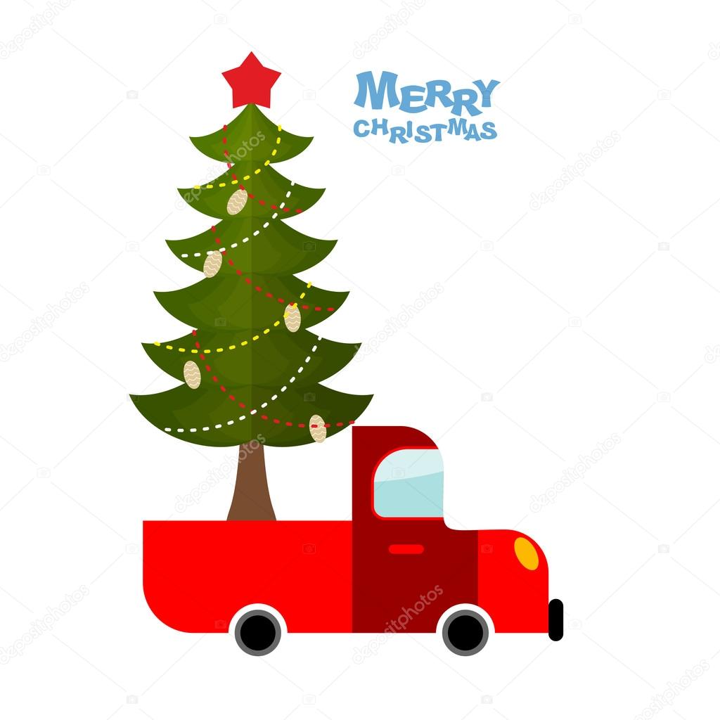 Christmas tree in car. Truck carries decorated Christmas tree fo
