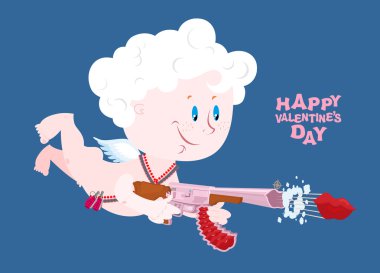 Valentine. Cupid and gun with kiss. Arms of love. Machine gun lo