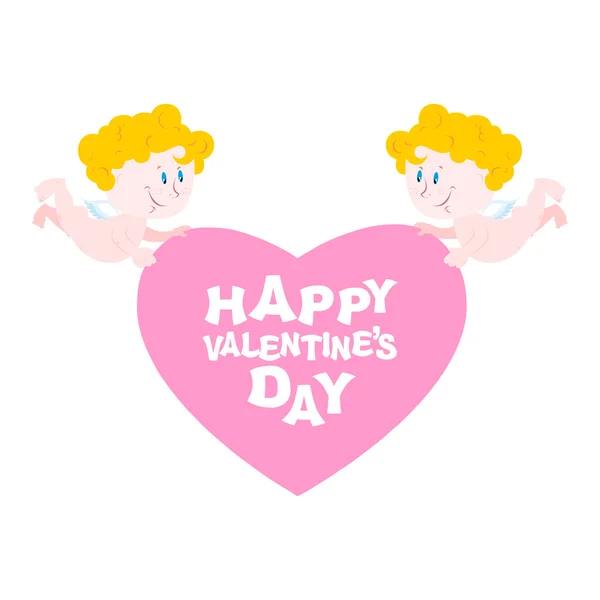 Feliz día de San Valentín. Dos ángeles y corazón. Símbolo del amor. Sma. — Vector de stock