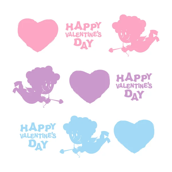 Set Valentines day. Heart, Cupid, and text. Cute Angel silhouett — Stok Vektör