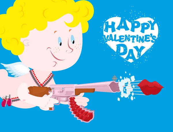 San Valentino. Blue Valentine. Cupido divertente con arma automatica — Vettoriale Stock