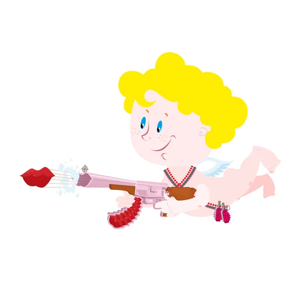 Armed with Cupid. Cute little angel with arms. Automatic, loaded — Stockvector