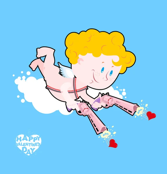 Feliz día de San Valentín. Cupido dispara corazones. Pistola de amor. Dos pistolas — Archivo Imágenes Vectoriales