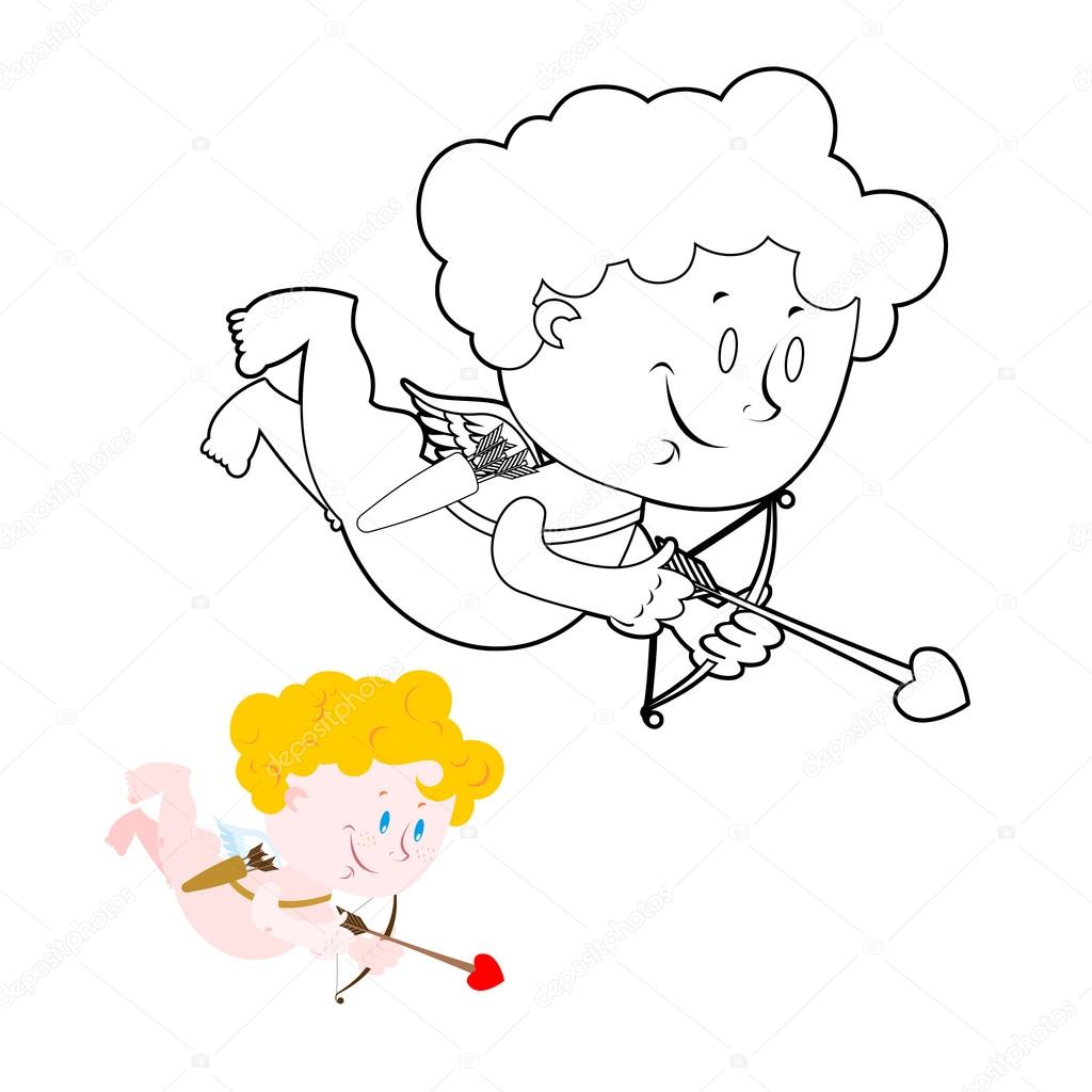 Cupid coloring book. Cute Angel and bow and arrows. Character fo