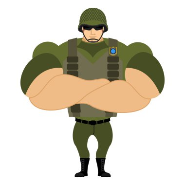 Soldiers in flak vest. Military helmet. Powerful soldiers in pro