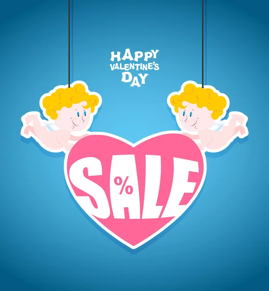 Sales Valentines day. Little angel is holding a heart with Text. — Wektor stockowy