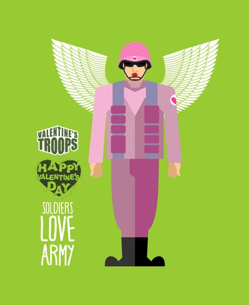 Soldiers love army. Cupid in uniform. Helmet and body armor. Mil — 스톡 벡터