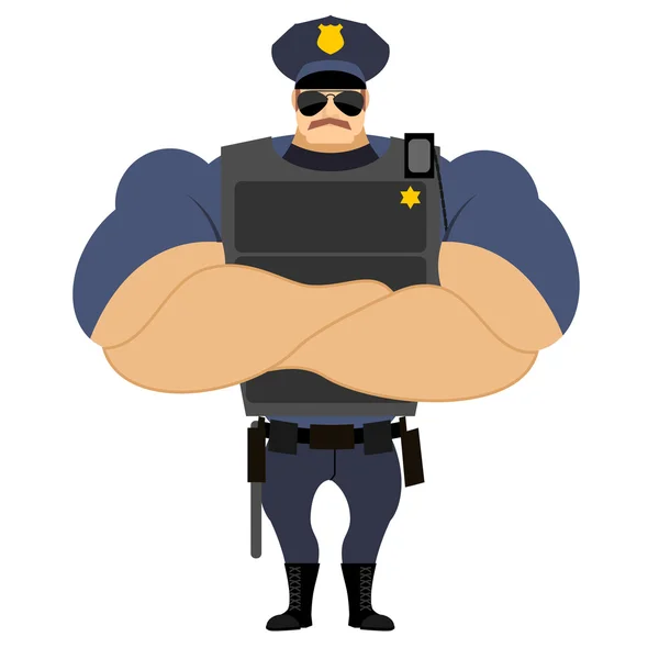 Policía en chaleco antibalas. Poderoso policía con uniforme de policía. Serva. — Vector de stock