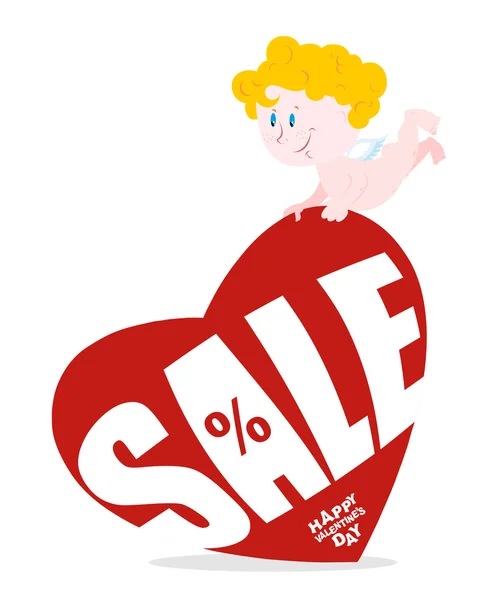 Cupid and large red heart with sale. Discounts for festive Valen — Διανυσματικό Αρχείο