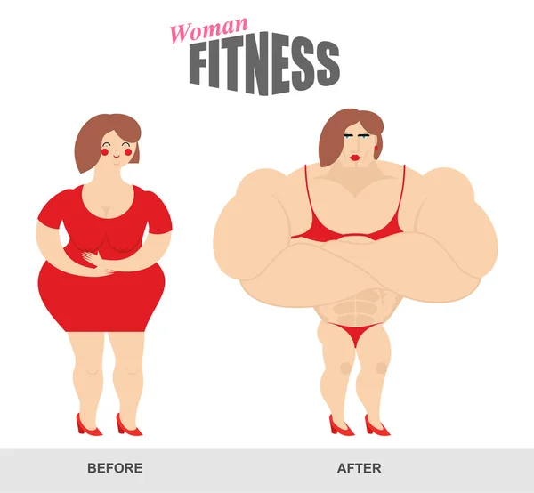 Womens fitness. Woman body before and after. Sports exercise and — 스톡 벡터