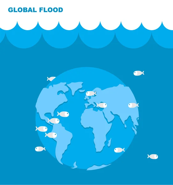 Inundación del planeta Tierra. Mundo en el agua. Tierra bajo el agua. Ocea — Vector de stock