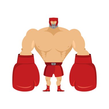 Boxer. Athlete in protective helmet. Strong man in big boxing gl