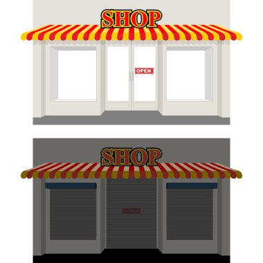 Shop by day and night. Storefront at dusk. Shop window in Sun. S