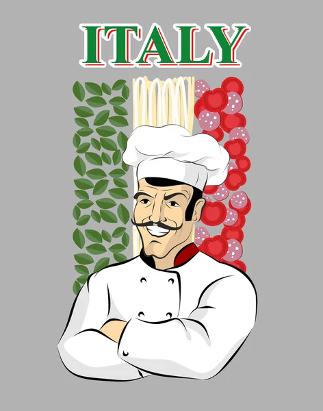 Italienischer Koch. Koch und Flagge Italiens. Grüner Spinat. rot zu — Stockvektor