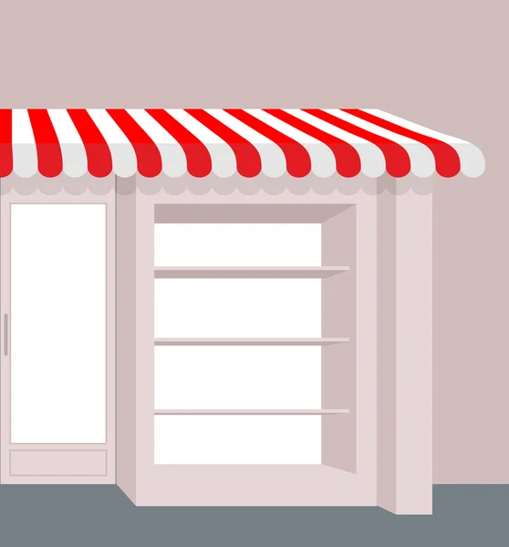 Storefront with striped roof. Red and white stripes of canopy ov — Stock Vector