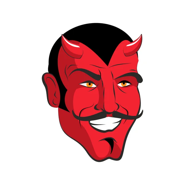 Red devil. Red head Merry demon with horns. Satan with mustache. — Stock Vector