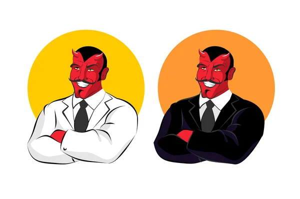Devil in business suit. Red demon in white jacket. Satan with ho — Stockvector