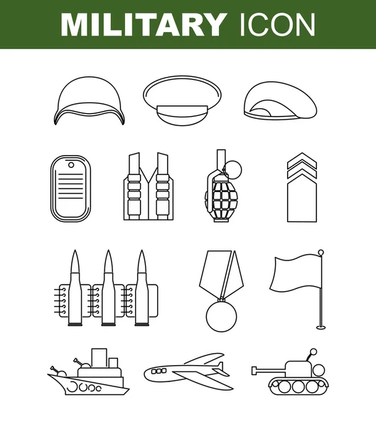 Military line icon. Set army symbol. Soldiers helmet. Green bere — Stock Vector