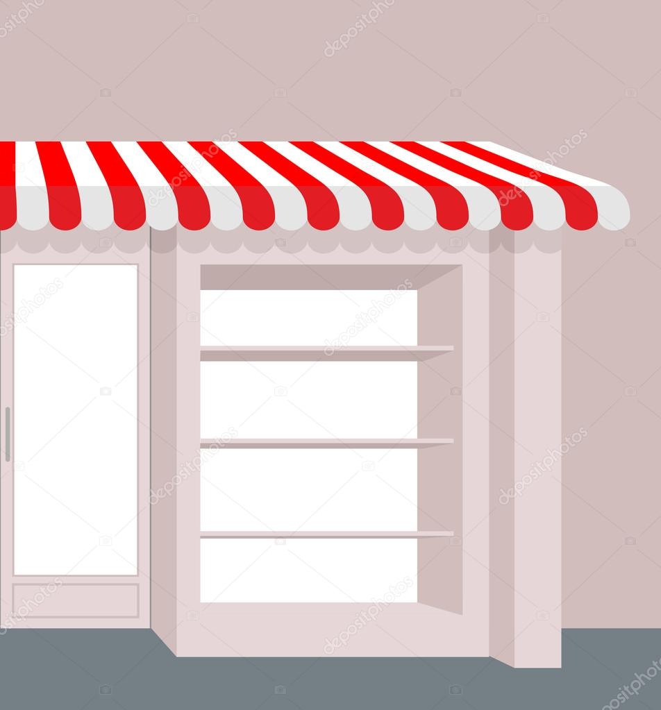 Storefront with striped roof. Red and white stripes of canopy ov