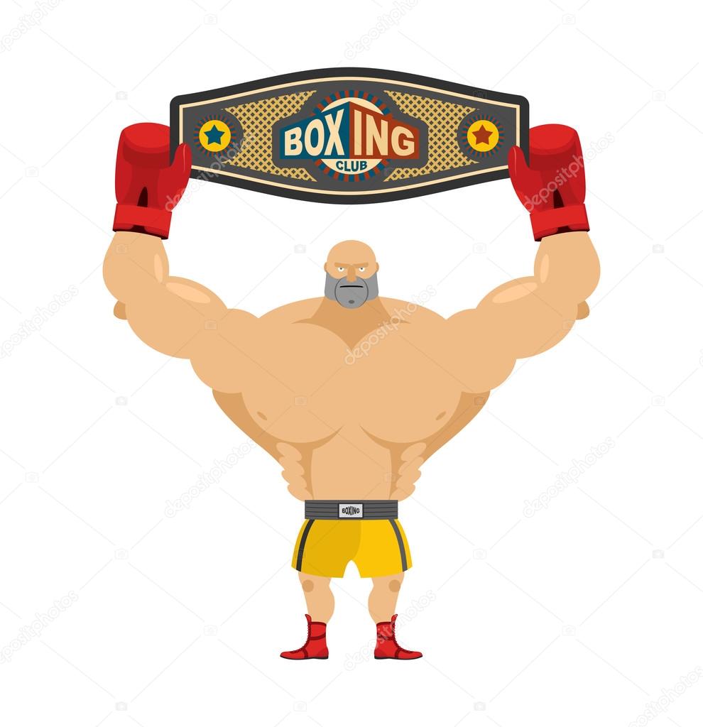 Boxing champion holds belt. Winner in competitions and boxing aw