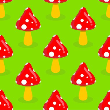 Amanita seamless pattern. Red mushroom with white spots. Toxic p